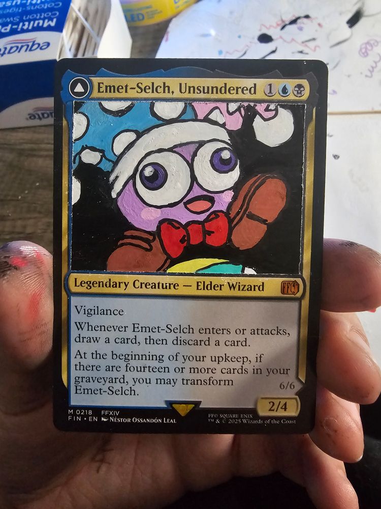 Marx from Kirby painted over the front side of the MtG card "Emet-Selch, Unsundered"