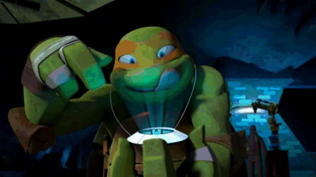 a teenage mutant ninja turtle wearing headphones and a necklace