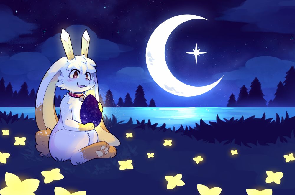 A bunny sitting and holding a magical wish egg in the middle of a forest surrounded by glowy yellow flowers, the moon hovers over the lake and the sky is night blue filled with stars.