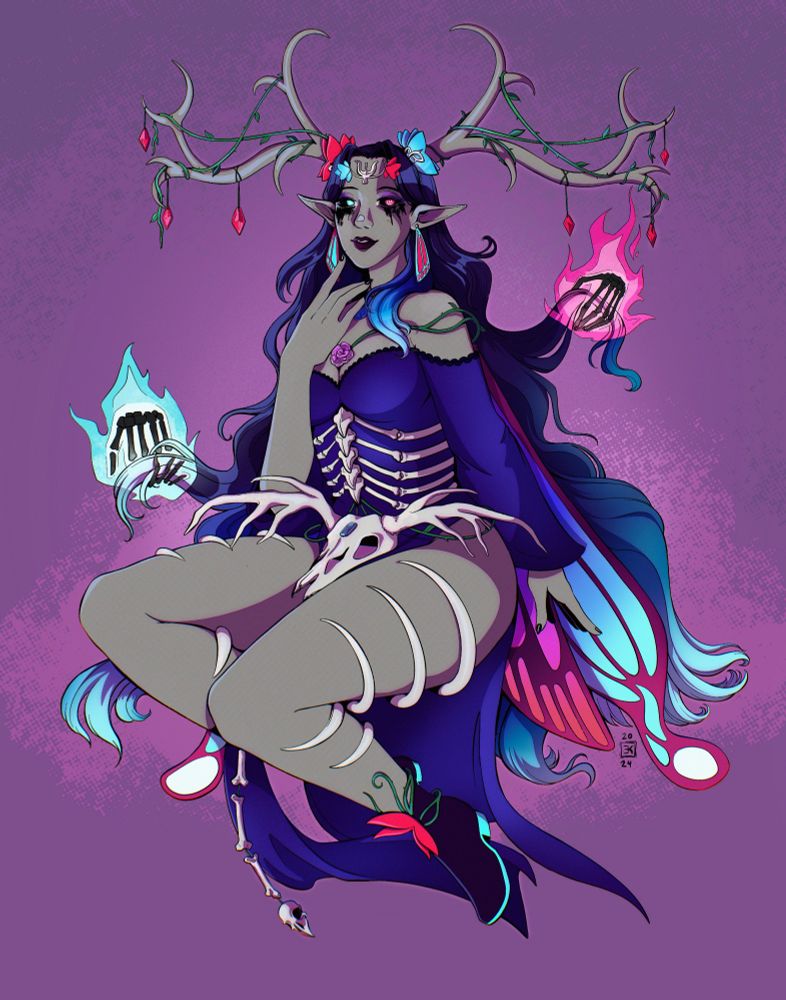 Lady Amara sitting, flaming bone hands are styling her hair. 