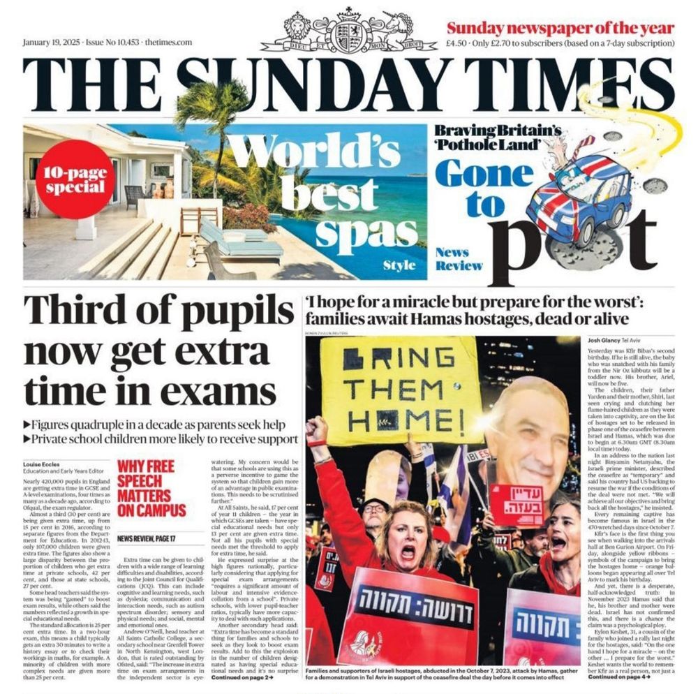 Sunday Times front page with report on the increase in extra time given in exams.