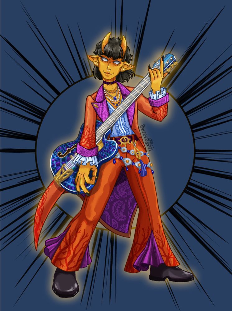 A yellow-skinned tiefling decked out in an array of piercings and jewelry playing a shiny, cool-colored, mosaic-patterned guitar. They wear a bright orange pantsuit lined with blood veins that features purple paisley fabric as a liner.