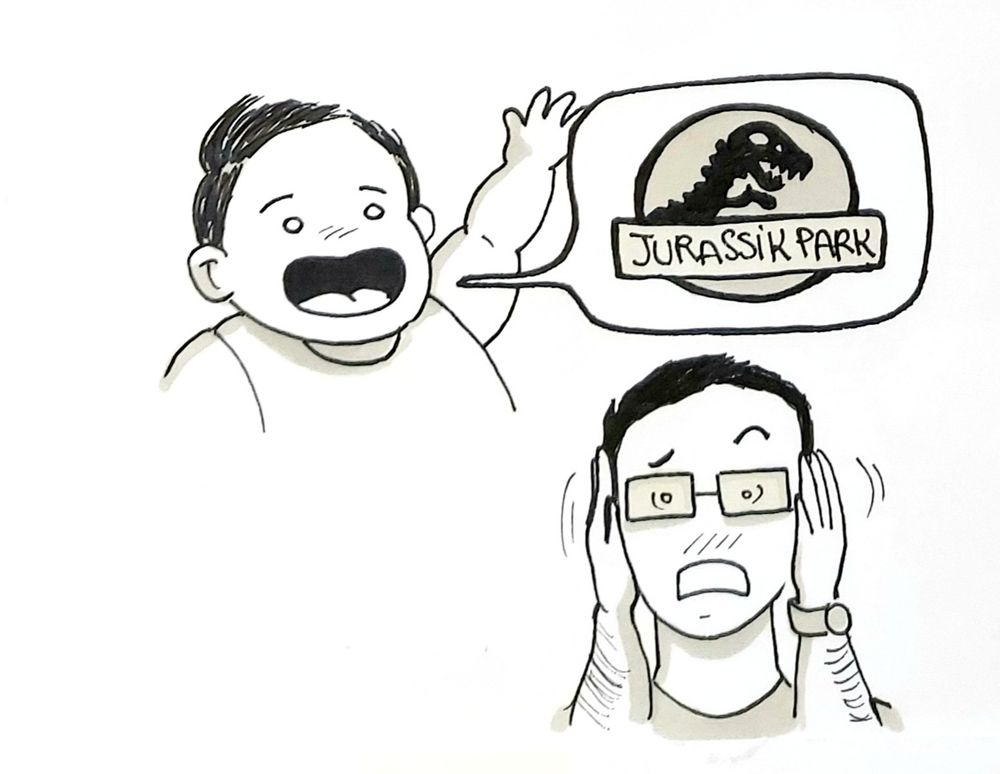 Un bébé qui pousse des cris de velociraptor et son grand-pere qui n'apprécie pas le concert.