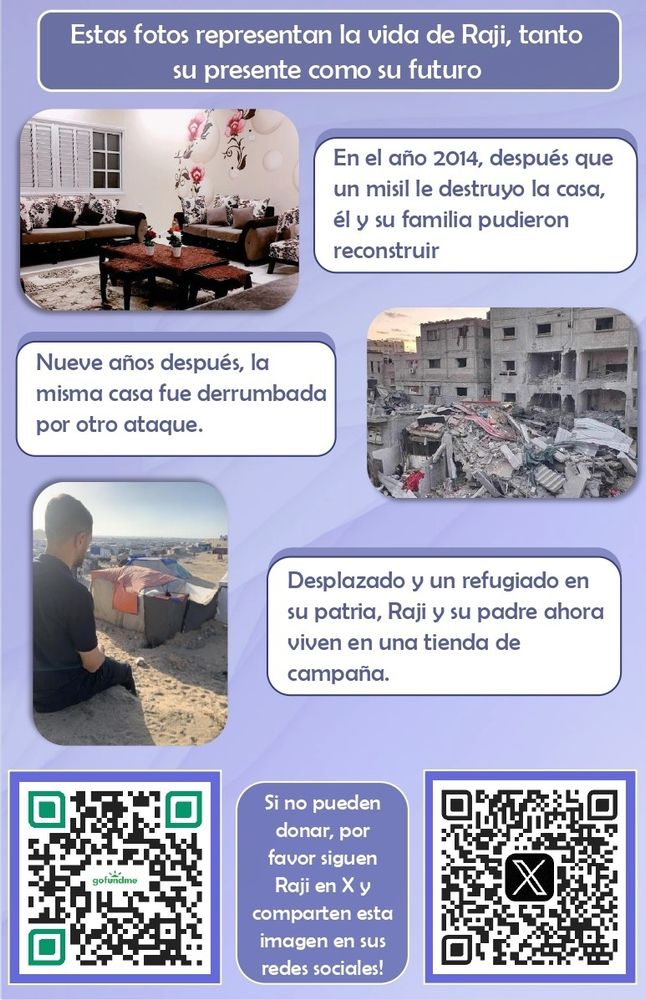 Spanish ver.:

Estas fotos representan la vida de Raji, tanto su presente como su futuro

En el año 2014, después que un misil le destruyo la casa, él y su familia pudieron reconstruir

Nueve años después, la misma casa fue derrumbada por otro ataque.

Desplazado y un refugiado en su patria, Raji y su padre ahora viven en una tienda de campaña.

Si no pueden donar, por favor siguen Raji en X y comparten esta imagen en sus redes sociales!
