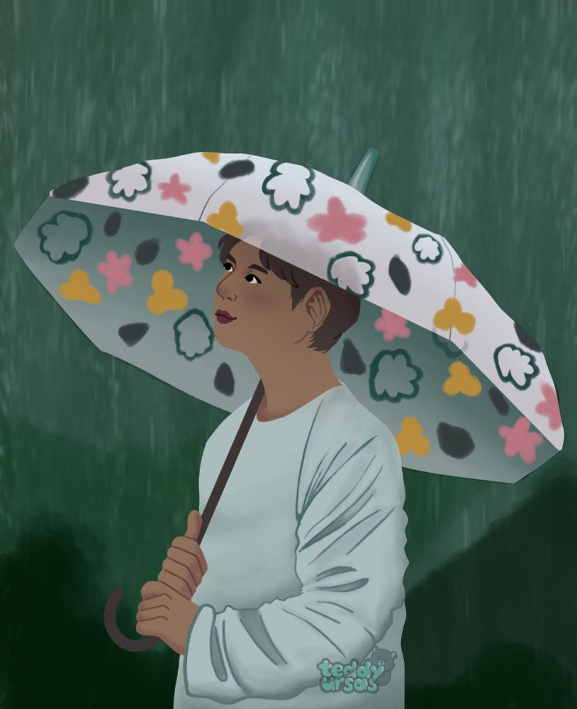 Jungkook in the soop  outside in the rain with an umbrella .