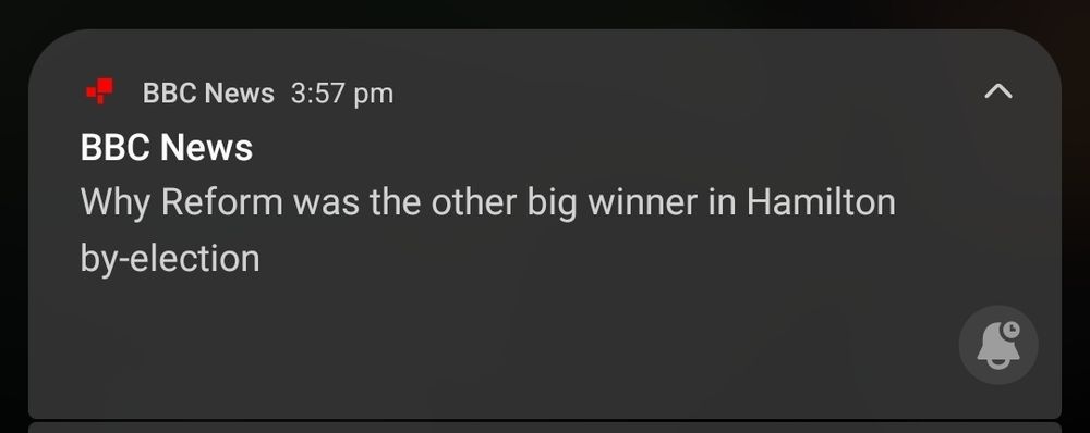 BBC breaking news alert that reads "Why Reform was the other big winner in Hamilton by-election" 