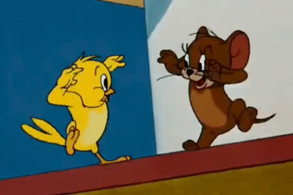 a cartoon chicken and a mouse are standing next to each other .