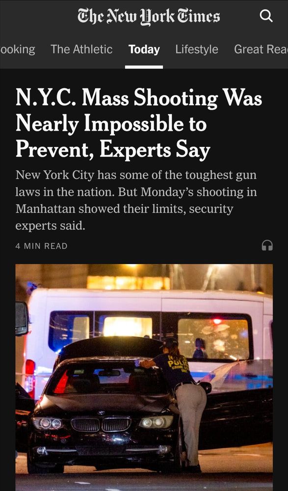 NYTimes headline reading "NYC Mass Shooting Was Nearly Impossible to Prevent, Experts Say"