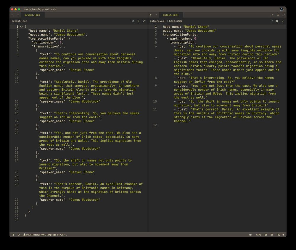 Screenshot of a text editor. On the left there's a JSON file with GPT-4 API output. On the right same output but in YAML format.