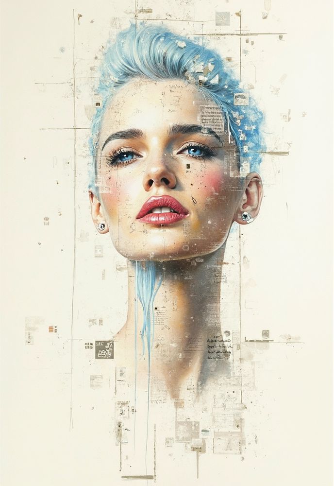 woman with blue hair, in the style of multi-layered collages, edgy street art, celebrity-portraits, cardboard, fragmented icons, realistic hyper-detail, crossed colors