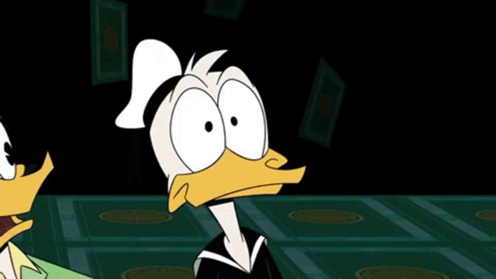 a cartoon of donald duck and daffy duck standing next to each other in a dark room