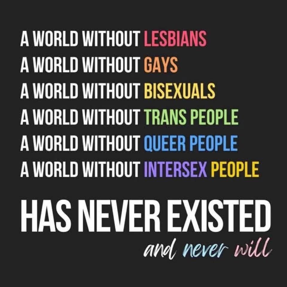 A WORLD WITHOUT LESBIANS
A WORLD WITHOUT GAYS
A WORLD WITHOUT BISEXUALS
A WORLD WITHOUT TRANS PEOPLE
A WORLD WITHOUT QUEER PEOPLE
A WORLD WITHOUT INTERSEX PEOPLE

HAS NEVER EXISTED
and never will

