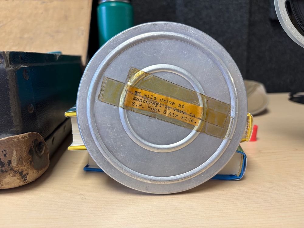 An antiquated 8 mm film canister describing a family vacation to California. 