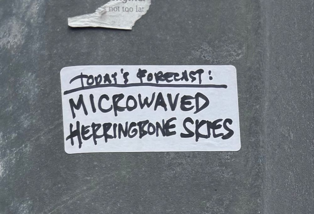 A sticker on a lamp post reading “Today’s forecast: microwaved herringbone skies”
