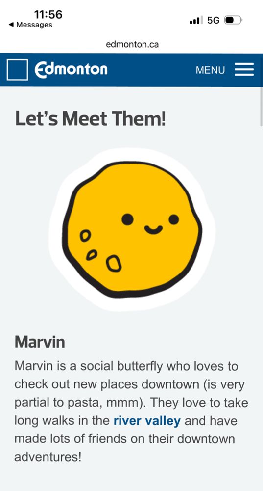 A screen grab of Emonton’s website on which they describe an anthropomorphic meatball character being used to promote the city’s downtown. 
