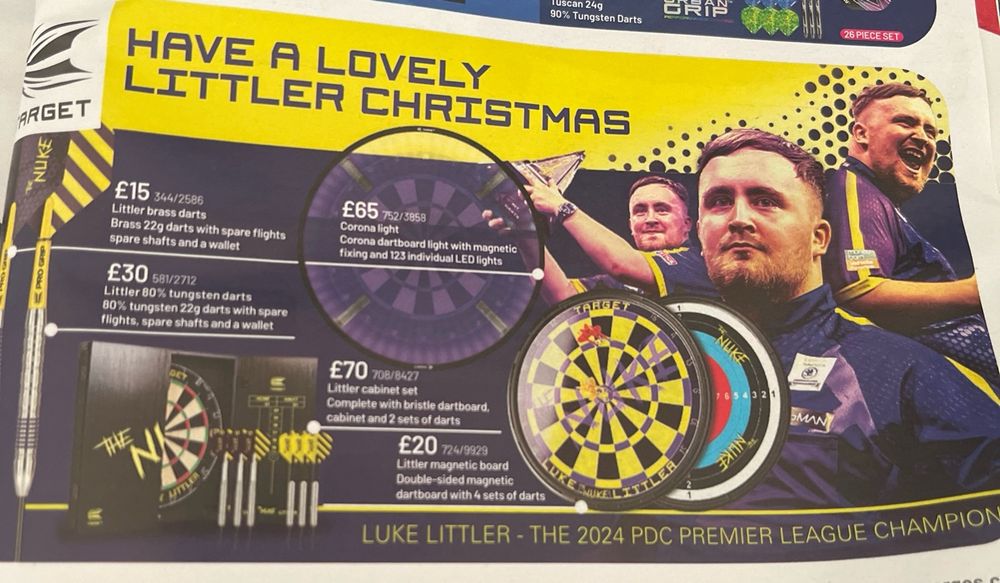 Entry in the Argos Gift Guide for “a lovely Littler Christmas”, it’s Luke Littler’s brand of darts tat 