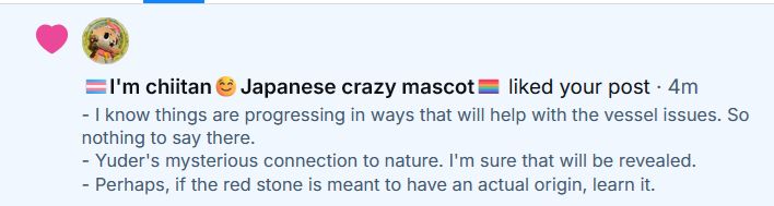 Screenshot of Japanese crazy mascot Chiitan liking a post talking about various plot points I'd like to see by the end of the webnovel "Turning." 