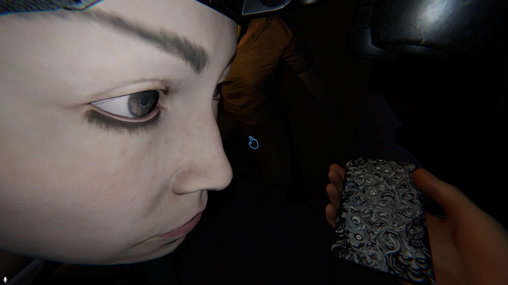 a fisheyed view of the side of a phasmophobia player model looking at the tarot cards in someone else's hand