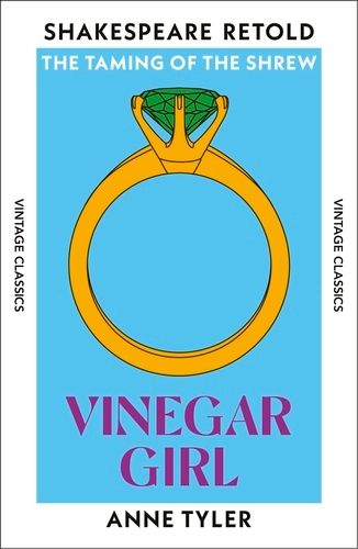 Vinegar Girl by Anne Tyler (The Taming of the Shrew). Cover shows a yellow engagement ring on a blue background. 