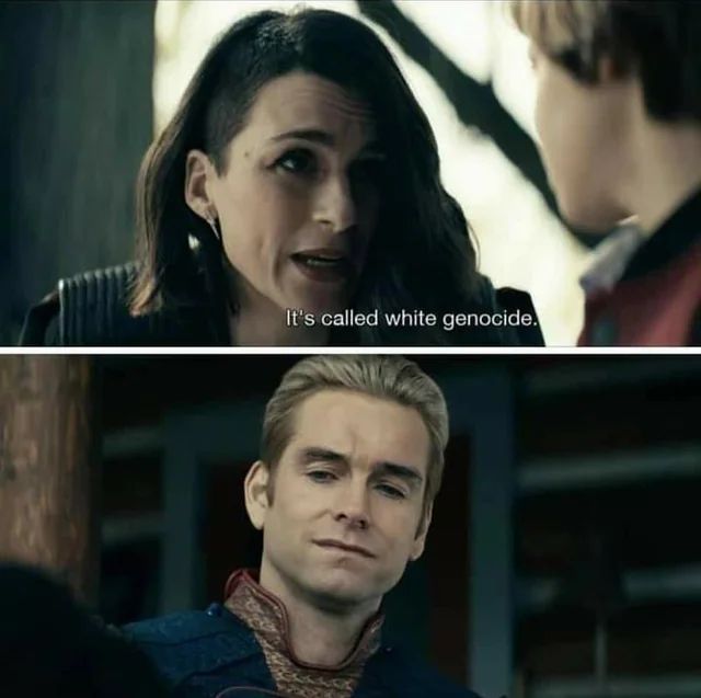 Screenshot from "The Boys" of Anya Cash's "stormfront" telling a young boy about the "white genocide" conspiracy theory.