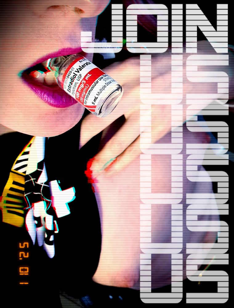 A glitchy photo of S13RRA pulling zir shirt up and holding a vial of Estrodial Valerate between zir teeth. The words "JOIN US" are overlayed atop the image