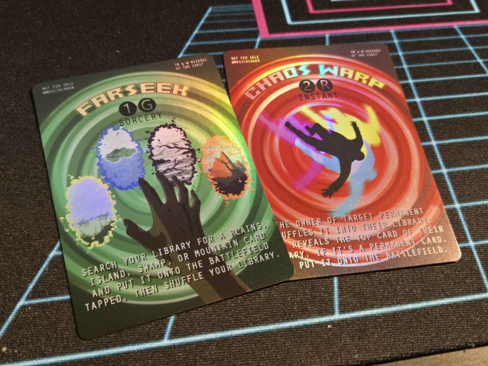 A pair of printed magic proxies for the cards "Farseek" and "Chaos Warp". they both depict a sort of spiral effect behind the main focus of the art. Farseek features a hand reaching towards 4 portals of different colors, and Chaos Warp features the silhouette of a man falling and being split into chromatic copies.