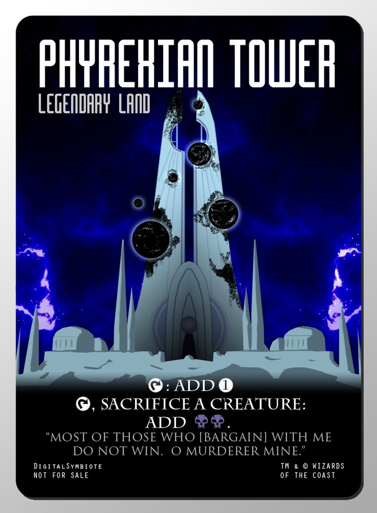 a MTG proxy of the card Phyrexian Tower featuring art of the corrupted Watchtower from Destiny 2