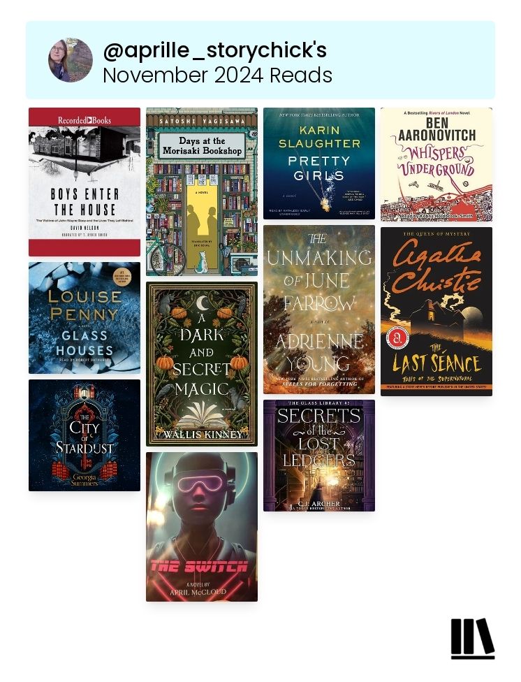 11 book covers - Boys Enter the House, Days at the Morisaki Bookshop, Pretty Girls, Whispers Underground, Glass Houses, Dark and Secret Magic, The Unmaking of June Farrow, The Last Seance, City of Stardust, The Switch, and Secrets of the Lost Ledgers