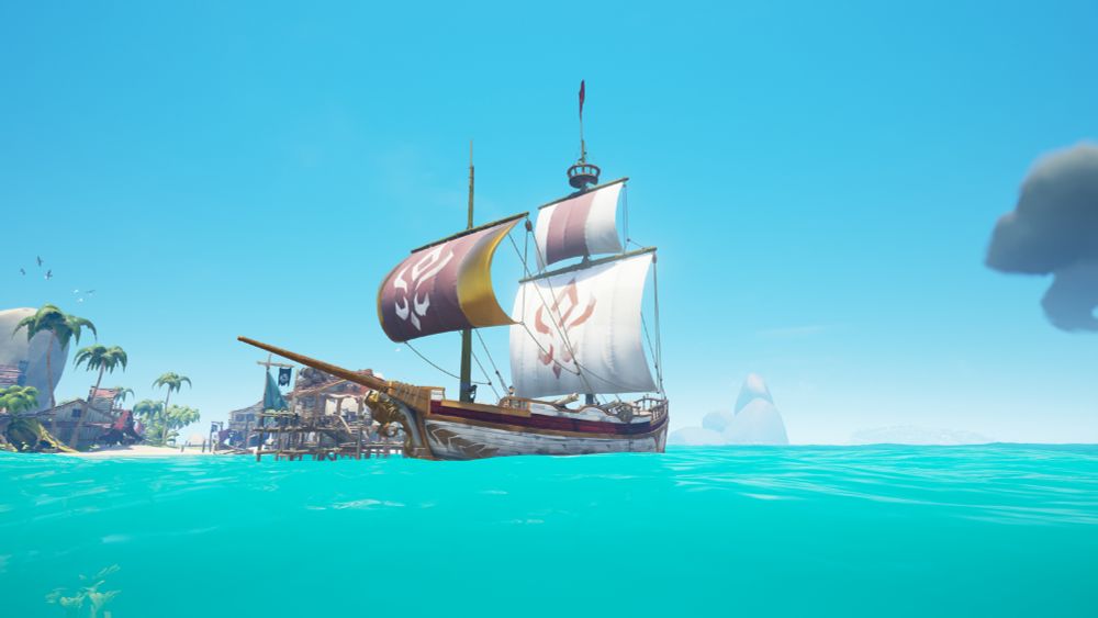 Sea of Thieves Brig with Valiant Dawn Sails, Bleakheart Banshee Figurehead, Rare Regalia Hull, Wheel, and Capstan, Noble Reaper Cannons