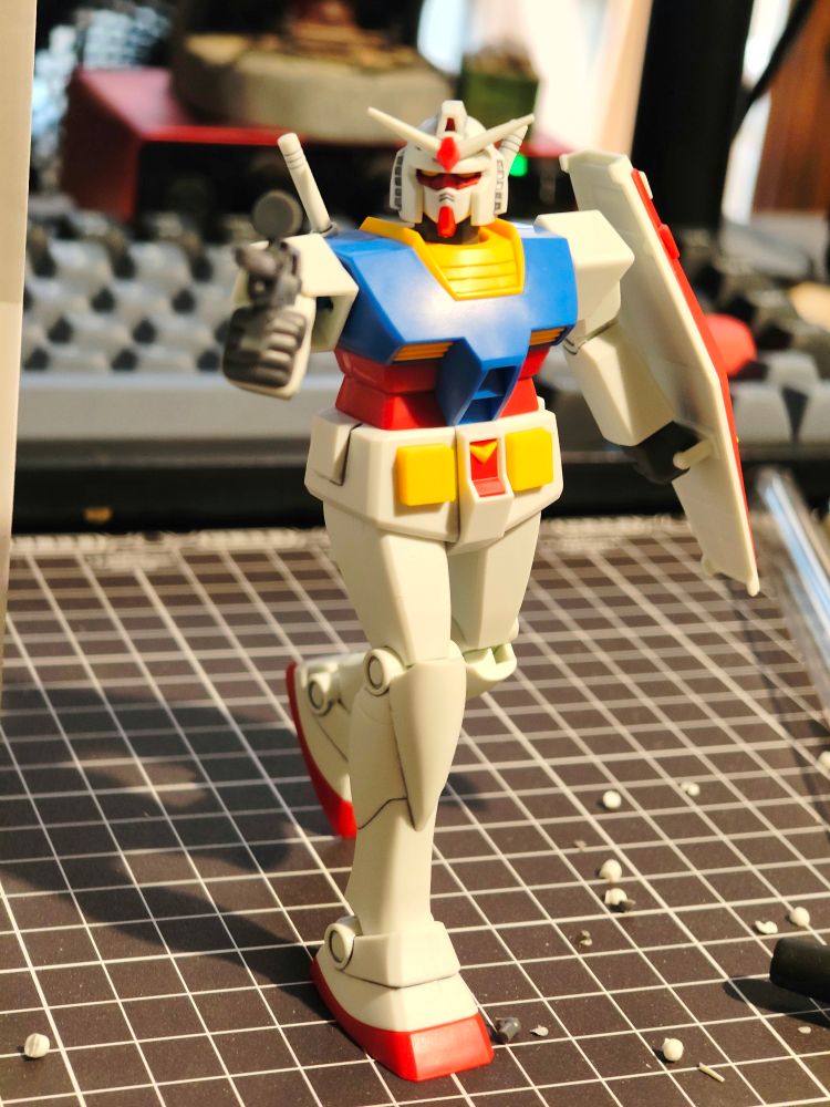 A model kit of the revised classic RX-78-2 Revived version, posed with the shield and beam rifle
