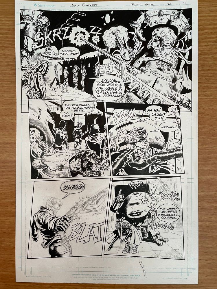 Lushly detailed, hand lettered scifi comics. Original art in progress by John Burkett.