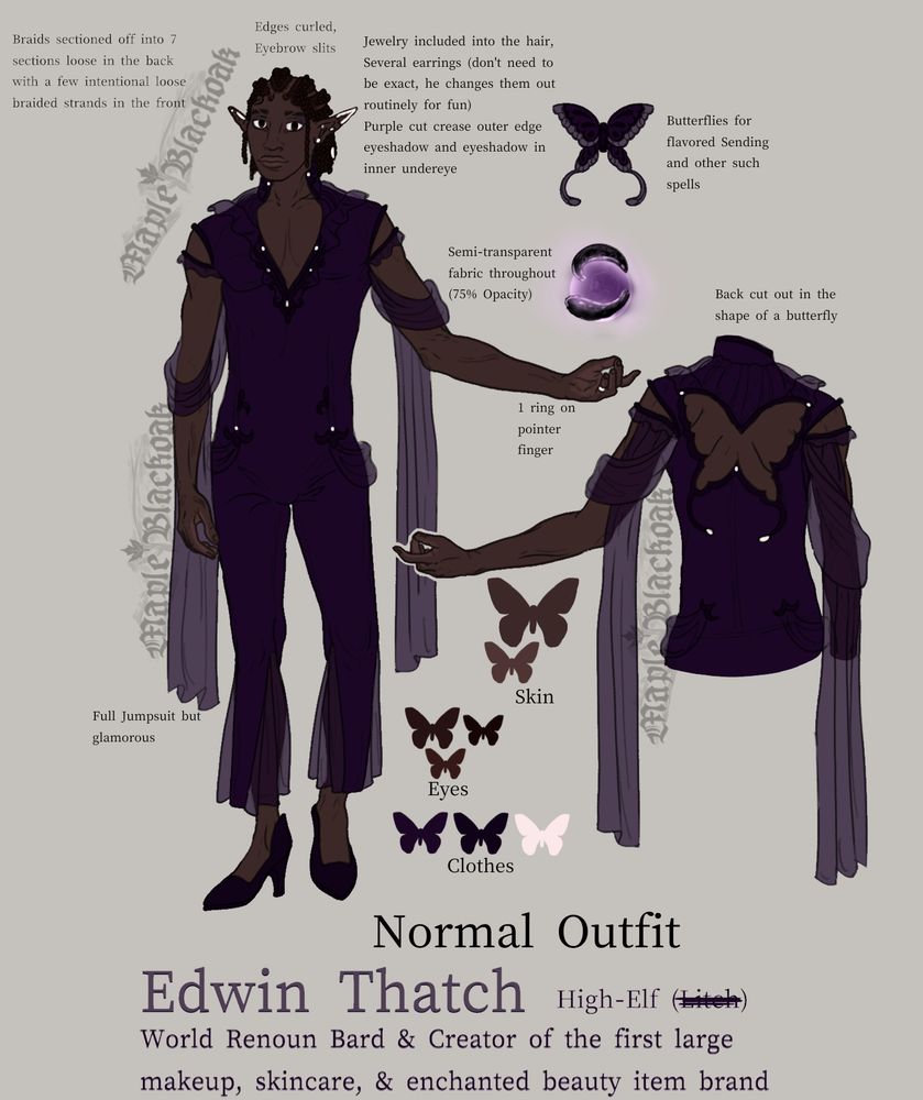 A reference sheet of a man in a elegant dark purple jumpsuit adorned in flowing semi transparent sleeves. Butterfly imagery is scattered within the design.
