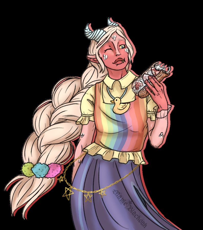 A drawn image of a pink dragon humanoid munching on a pastry
Her skirt swishes as she happily chows down. her hair is braided into one large braid that is swung up as she enjoys