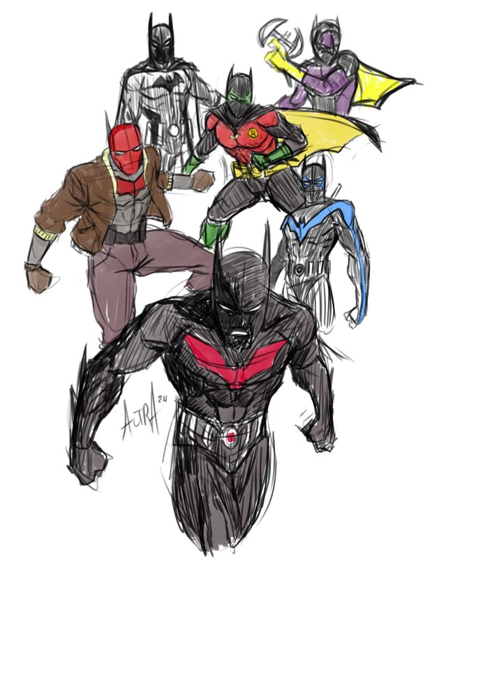 Terry with suits inspired by other batfamily members