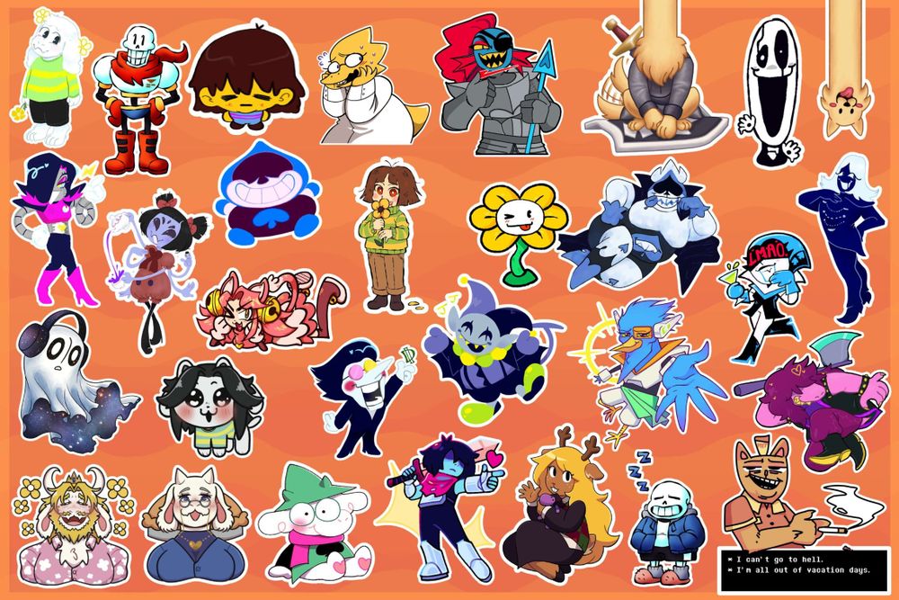 multiple undertale and deltarune charcaters on an orange background.
