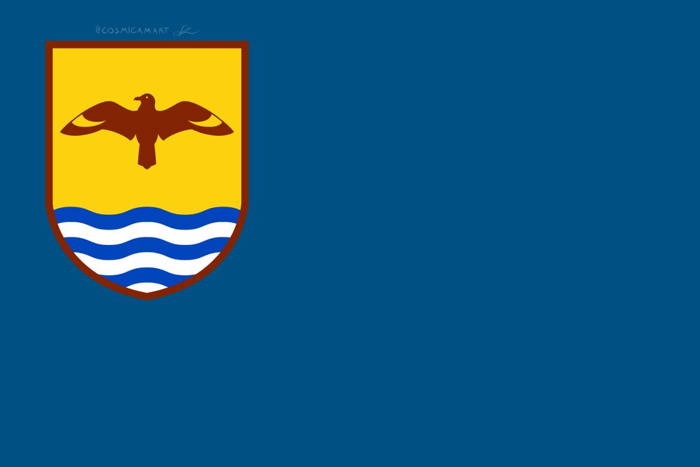 Zone of Control flag, depicting a coat of arms with a great skua, the first animal discovered on the isola. A quote by Kim Kitsuragi potentially describes it as signal blue