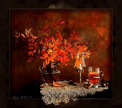 a painting of autumn leaves in a vase with a cup of tea