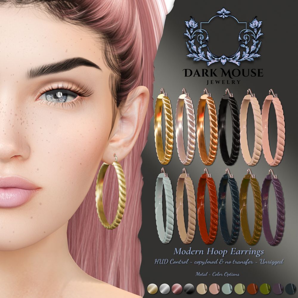 An ad for an avatar accessory (earrings) for a character in the Second Life game. Av has pink hair and the earrings are simple hoops 2 inch with a spiral design carved into the edge.