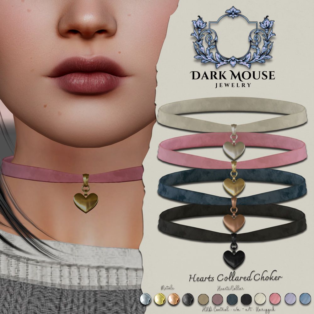 A necklace ad for Dark Mouse Jewelry. It features a velvet collar necklace with a heart shaped pendant. There is a depiction of what the necklace looks like on an avatar.