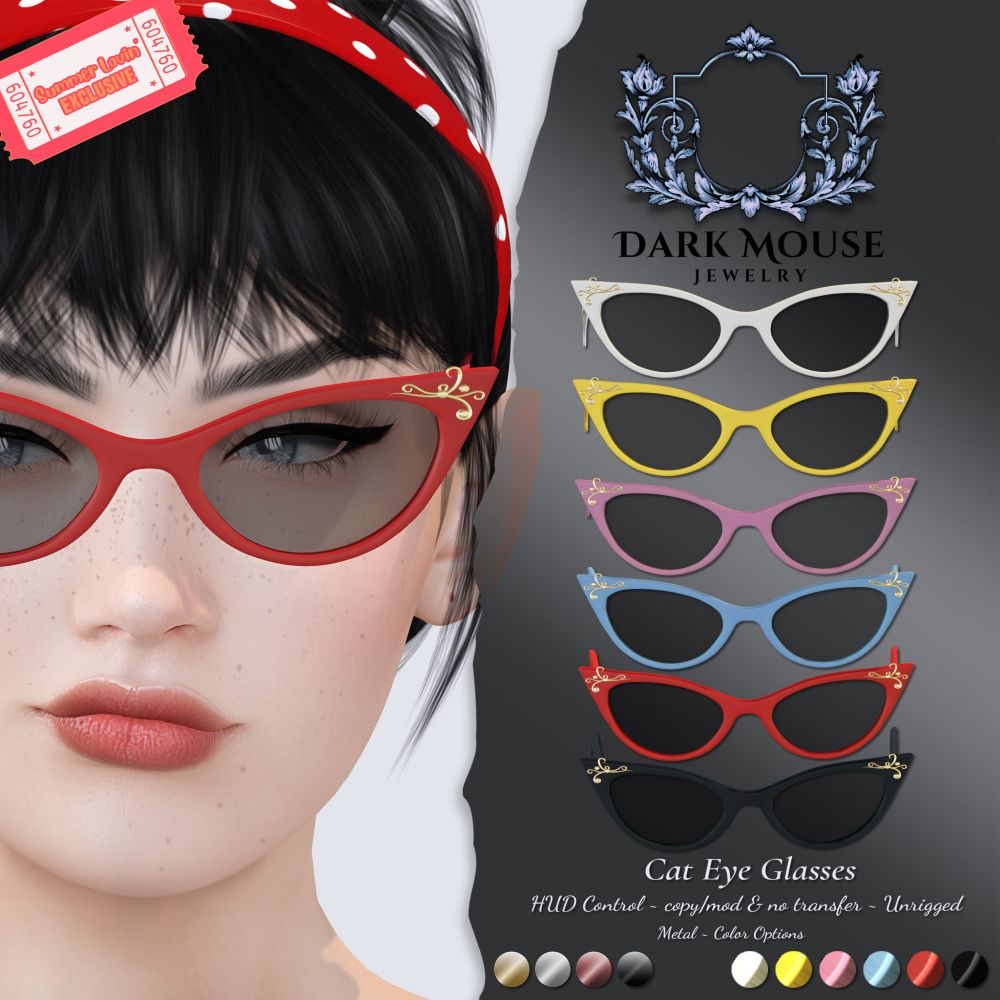 An ad for an avatar accessory (50's style cateye glasses) for a character in the Second Life game. Av has black hair and cateye glasses. Glasses come 6 colors.