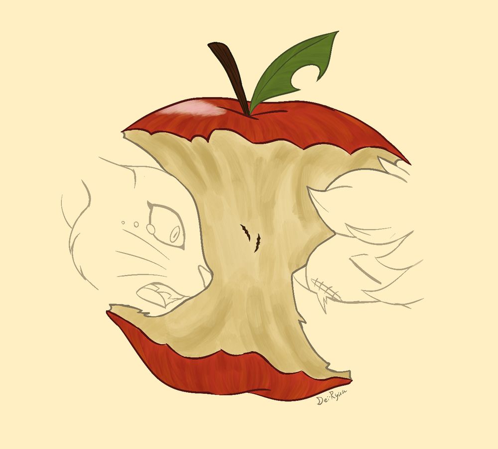 fanart of the digimon characters Wizardmon and Gatomon drawn on either side of an apple core so that their profiles make up the bite marks. they are facing each other, though Wizardmon has his eyes closed and mouth partially open as he falls backwards, reminiscent of his death scene. Gatomon's mouth is open mid-scream, her eyes wide with tears as she calls out for him.