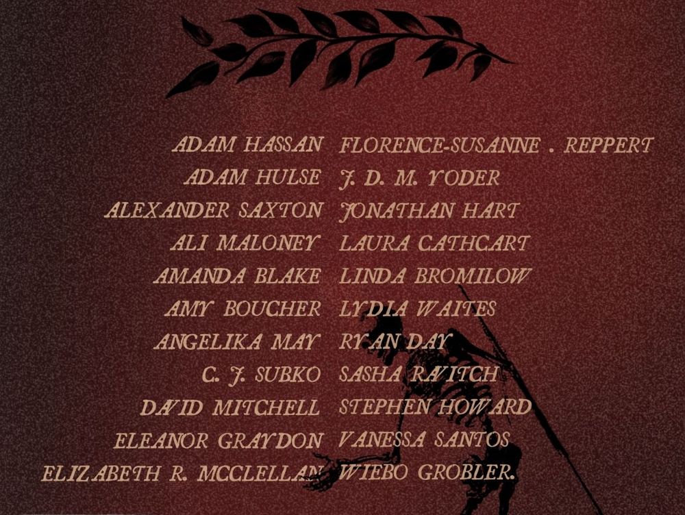 The full TOC for The Cleansing Power of Fire on a red background with a bowing skeleton.