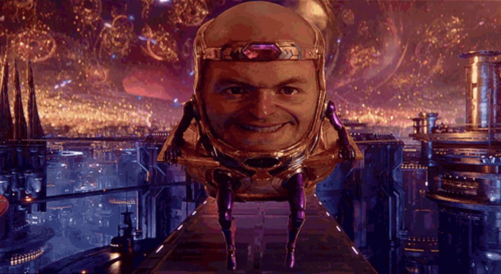 a man with a helmet on his head is smiling in front of a futuristic city