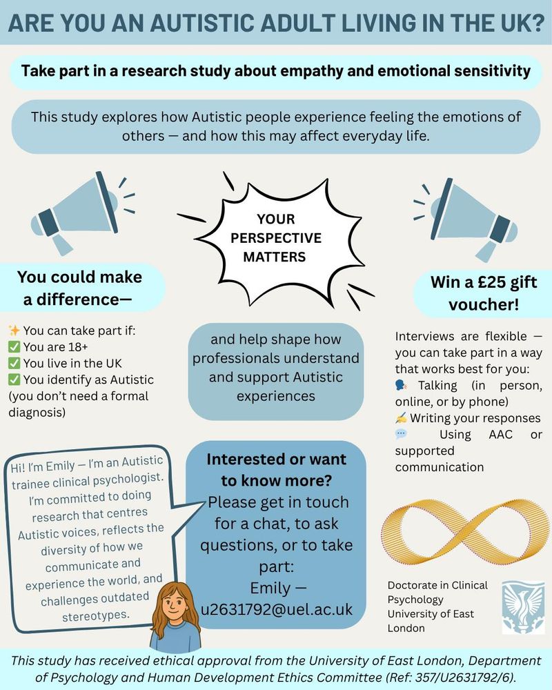 📢 Seeking Autistic adults identifying as male/ Autistic adults who are racialised by society/ Autistic adults with level 2-3 support needs.
🎁 Take part for a chance to win one of four £25 Love2Shop vouchers (optional entry)
Hi, I’m Emily — I’m an Autistic trainee clinical psychologist at the University of East London, currently completing my doctoral research.
⸻
📣 Who can take part?
The study has already received strong interest from Autistic women with lower support needs.
To help ensure a wider range of voices and experiences are represented, recruitment is now focused on Autistic adults (18+) in the UK whose identities or experiences include any of the following:
• Identify as male
• Have medium to high (level 2 or 3) support needs in day-to-day life
• Are racialised by society
• Are trans, non-binary, or otherwise gender-diverse
You’re eligible to take part if you:
• Identify as Autistic (formal diagnosis or self-identification)
• Feel comfortable sharing your experiences via interview — spoken (in person or online), written, AAC, or with support
⸻
🔍 What is the study about?
✨This research explores how Autistic adults experience empathy in everyday life, and how this might relate to emotional sensitivity and overwhelm.
✨It moves away from deficit-based ideas and aims to support a more affirming, nuanced understanding — by centring Autistic voices.
✨ By taking part, you’ll help build a more accurate picture of Autistic empathy — in research, clinical practice, and beyond.
⸻
💬 What does it involve?
A one-to-one interview, completely flexible to suit your communication style and pace.
It’s part of a qualitative research study focused on your lived experience.
⸻
🛡️ Ethics approved by the UEL Psychology Ethics Committee (Ref: 357/U2631792/6)
📎 Please see the recruitment poster below.
Please email u2631792@uel.ac.uk with questions or to express interest.
⸻
💛 Thank you so much for reading and considering taking part!