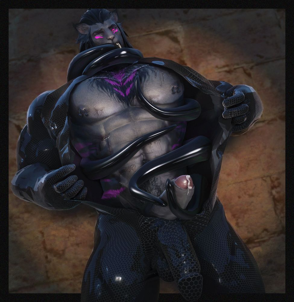 Hrothgar struggling trying to peel off a latex suit as tendrils sprout from inside and wrap over his body.