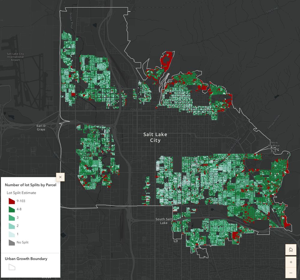 Map showing single-family parcels in SLC and the potential of lot splits for each parcel
