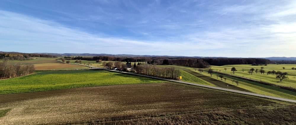 Blick über weite Flache Landschaft mit Äckern, mit Wintergetreide bestellten Feldern, rechts einer diagonal kreuzenden Straße wiesen und Bäume - im Hintergrund Hügellandschaft mit Wald