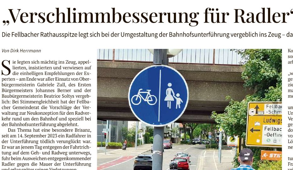 Ausschnitt StZ print (26.07.) "Verschlimmbesserung für Radler" über Foto der Bahnhofsunterführung