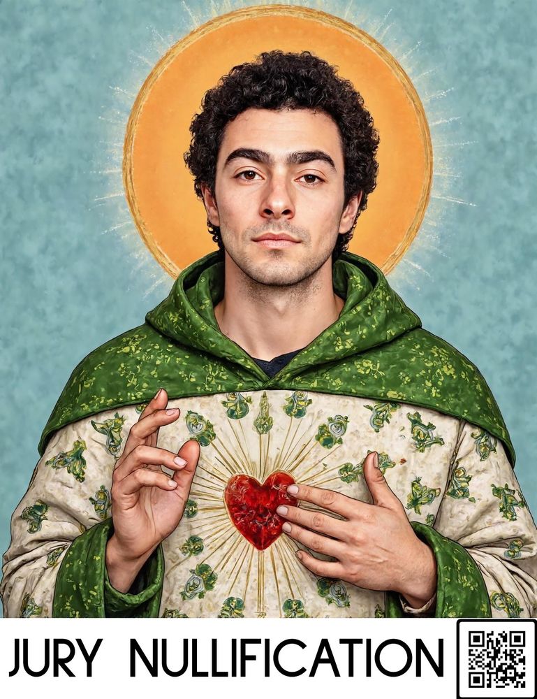 An image of Luigi Mangione portrayed as a Catholic saint with the text Jury Nullification across the bottom. There is a QR code that links to https://fija.org/library-and-resources/library/jury-nullification-faq/what-is-jury-nullification.html