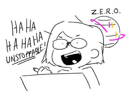 The artist going mad with power and laughter, illustrated with the zero system from Gundam Wing activating behind her.